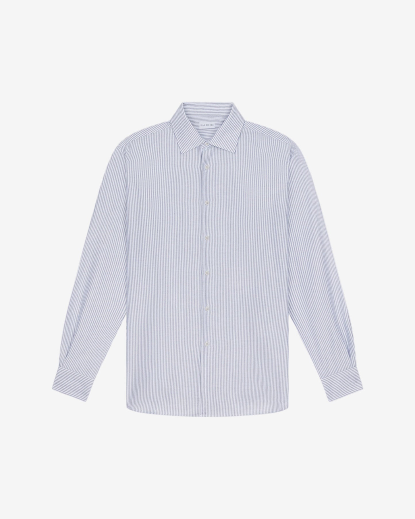 Light blue and white striped shirt on a gray background