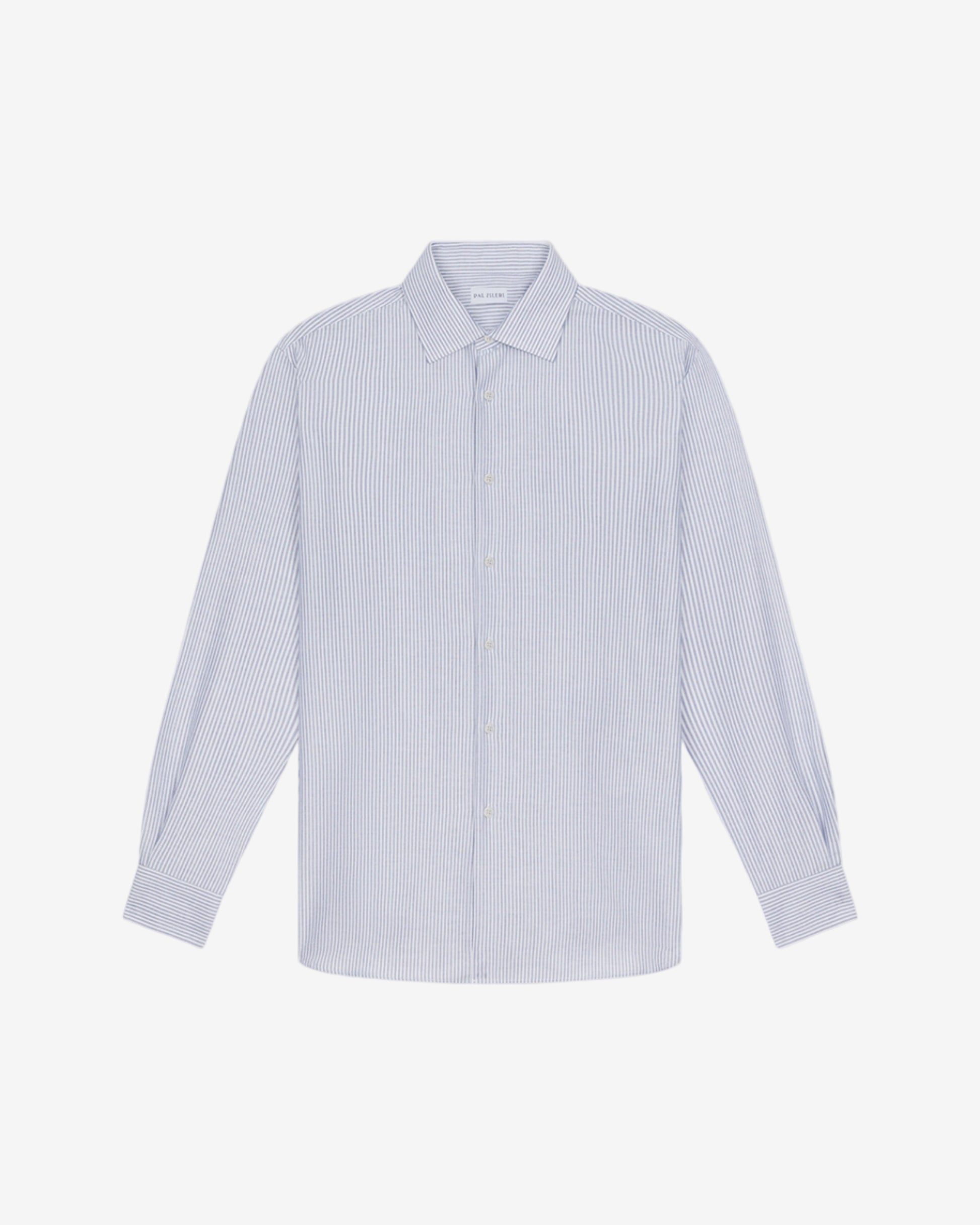 Light blue and white striped shirt on a gray background