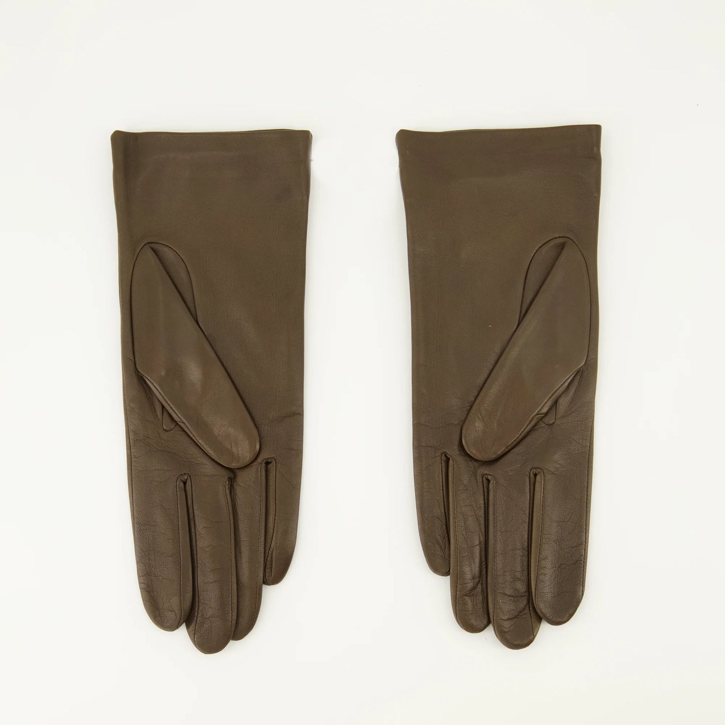 Pair of brown gloves with gold logo on a white background AMI PARIS