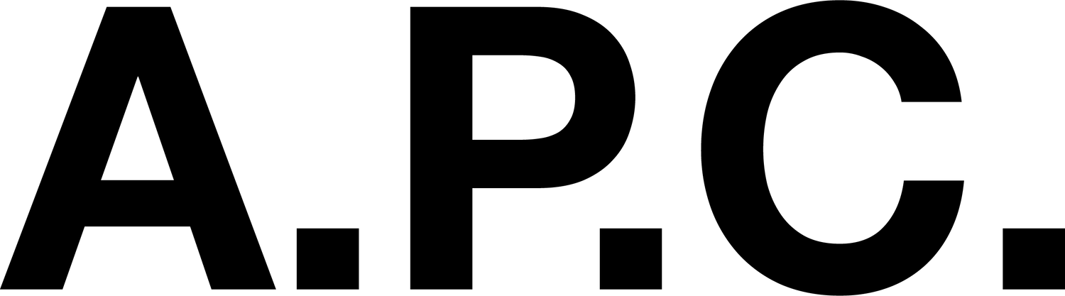 Black 'A.P.C.' logo on a blue background