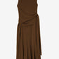 Brown sleeveless dress with a draped design on a white background