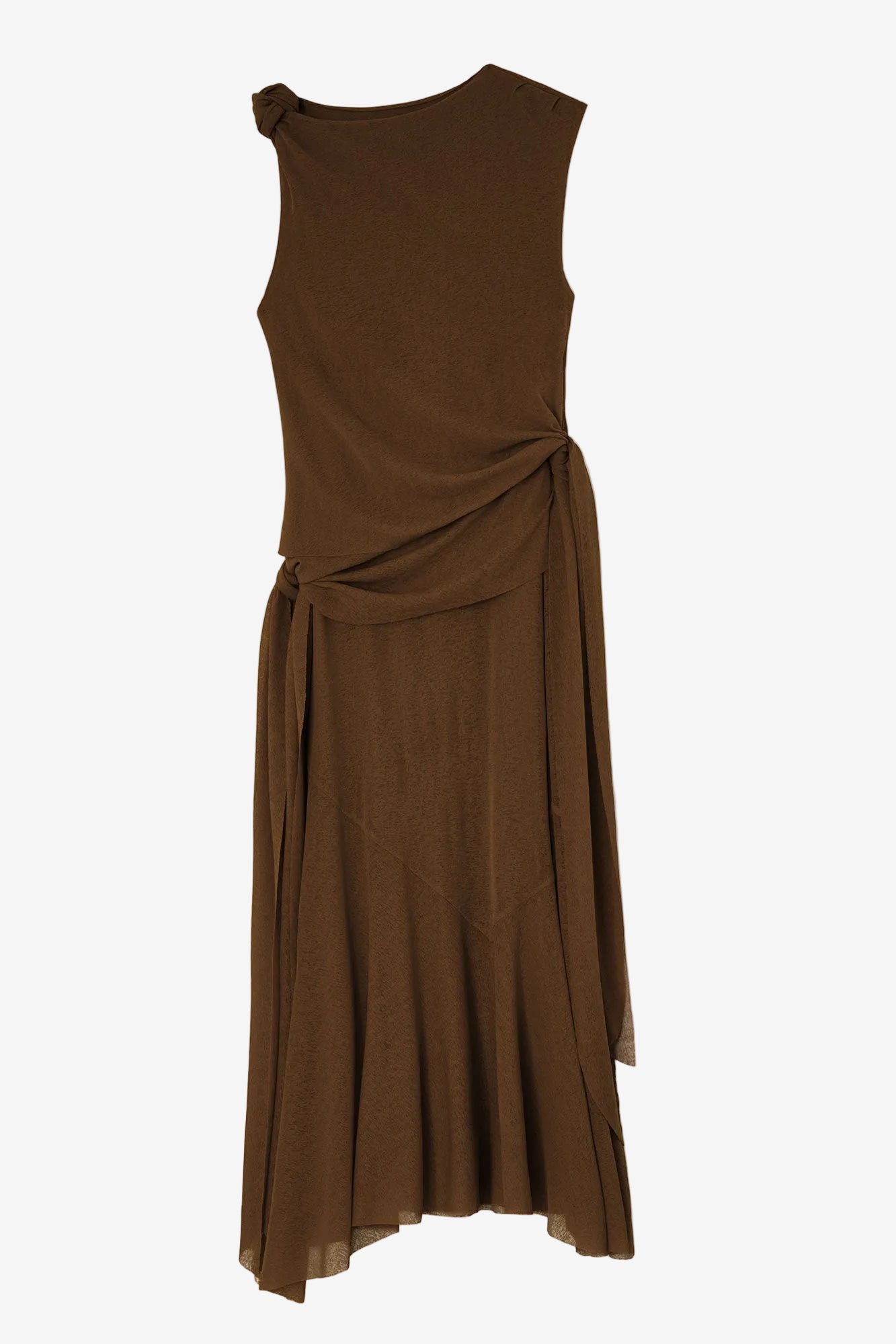 Brown sleeveless dress with a draped design on a white background