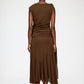 Brown sleeveless dress with a draped design on a white background