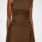 Brown sleeveless dress with a draped design on a white background