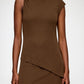 Brown sleeveless dress with a draped design on a white background