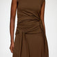 Brown sleeveless dress with a draped design on a white background