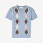 Light blue t-shirt with argyle pattern on a white background
