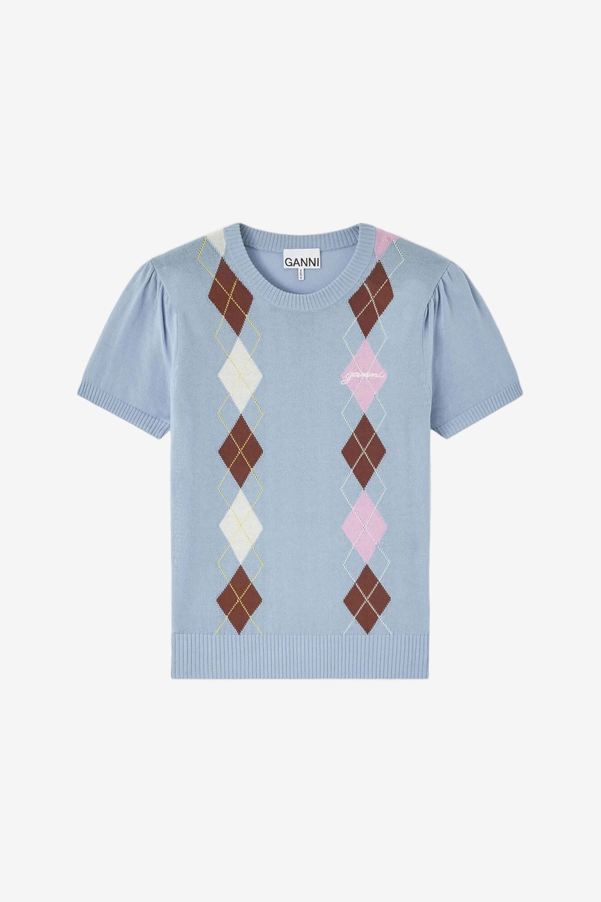 Light blue t-shirt with argyle pattern on a white background