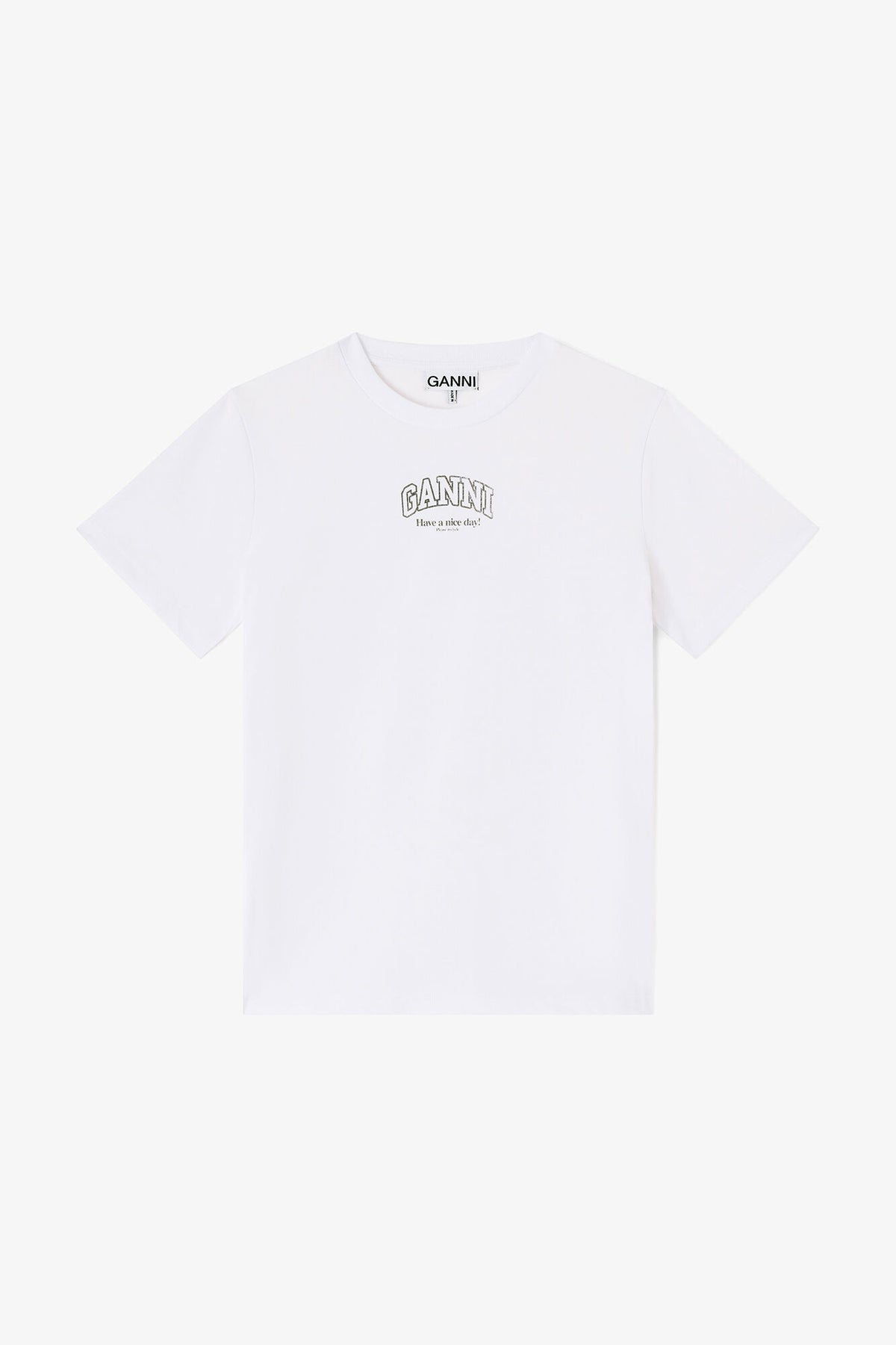 White t-shirt with a brand logo on a white background