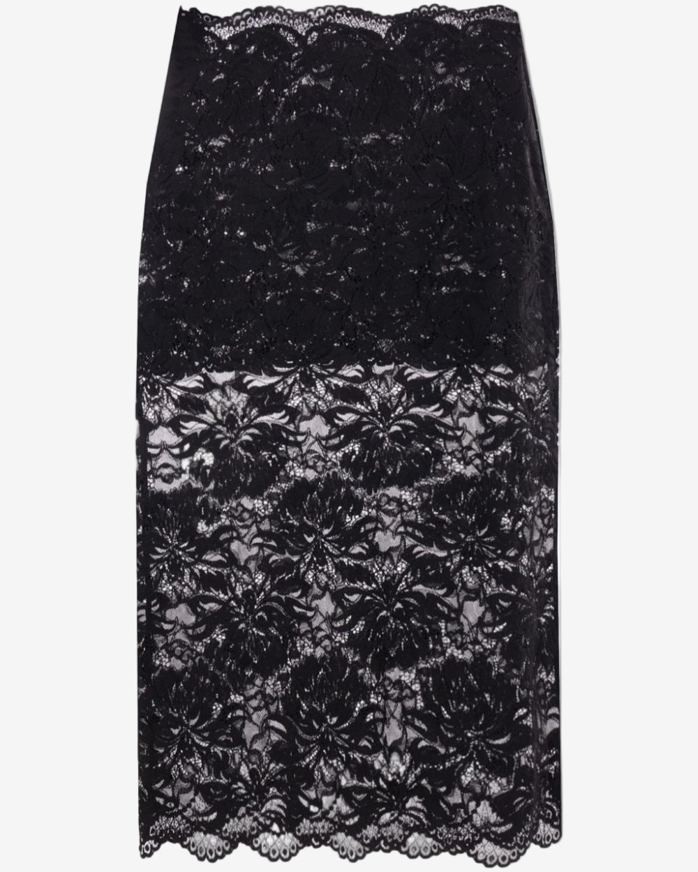 Black lace pencil skirt on a white background