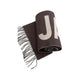 Brown scarf with white lettering on a white background