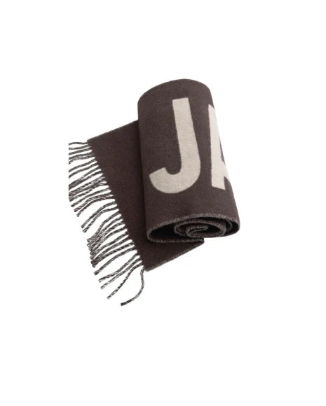 Brown scarf with white lettering on a white background