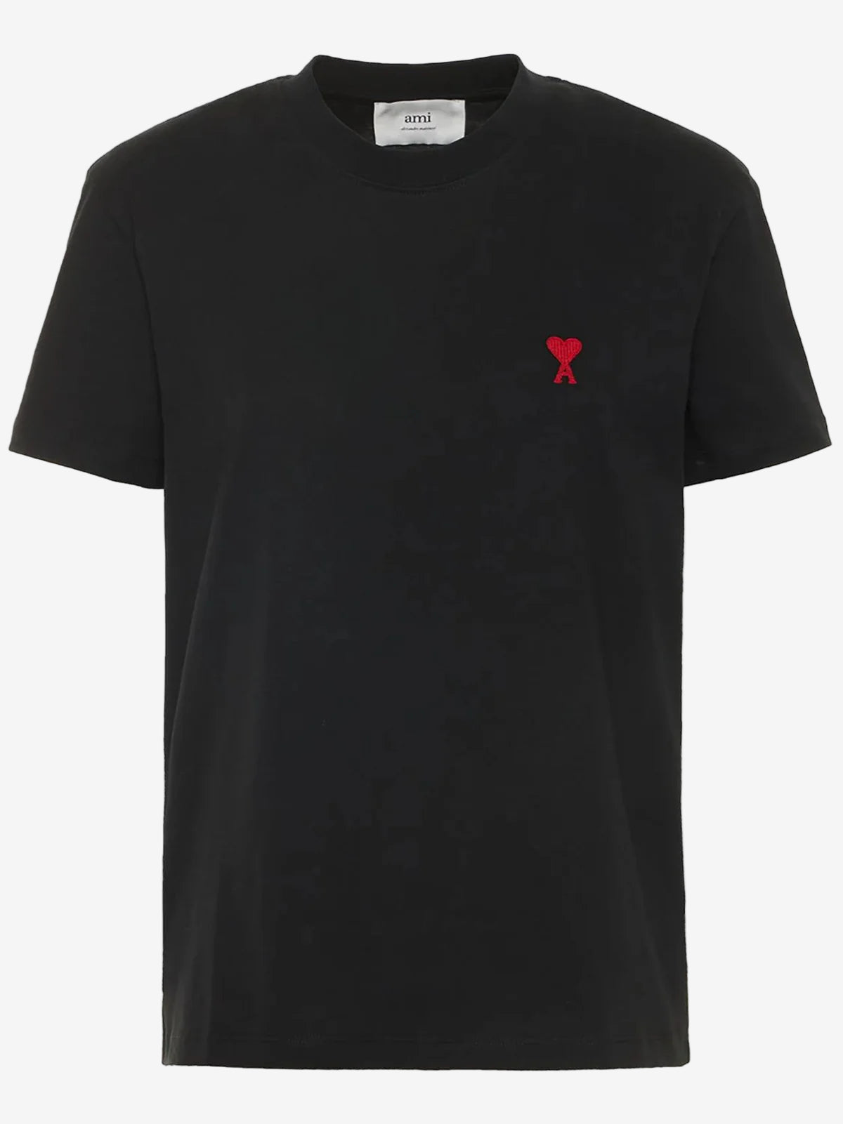 Black t-shirt with a red heart logo on a white background