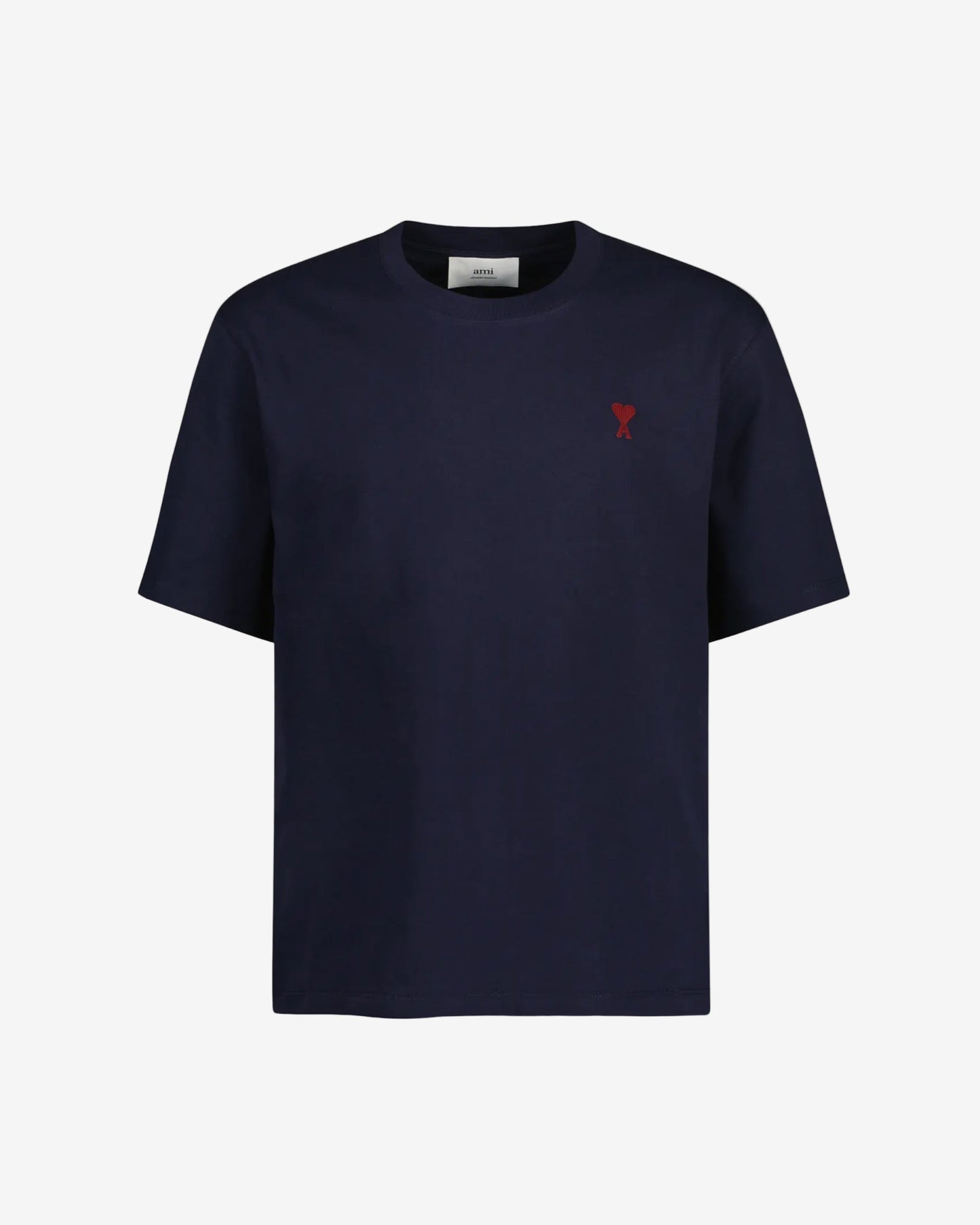 Navy blue t-shirt with a small red logo on a light gray background