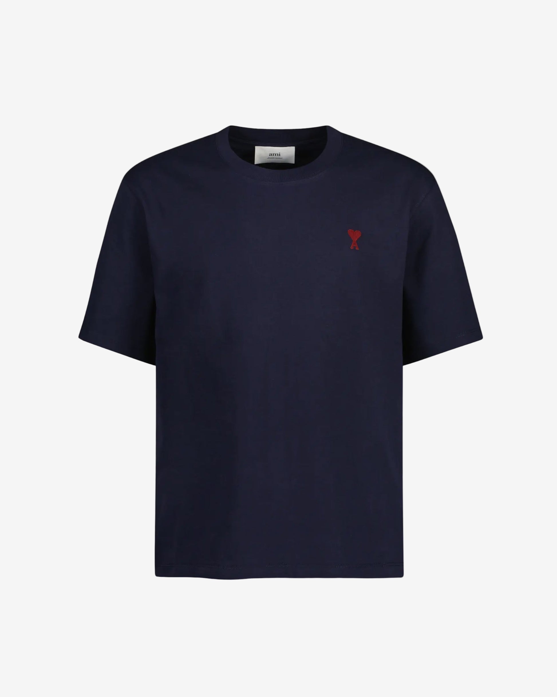 Navy blue t-shirt with a small red logo on a light gray background