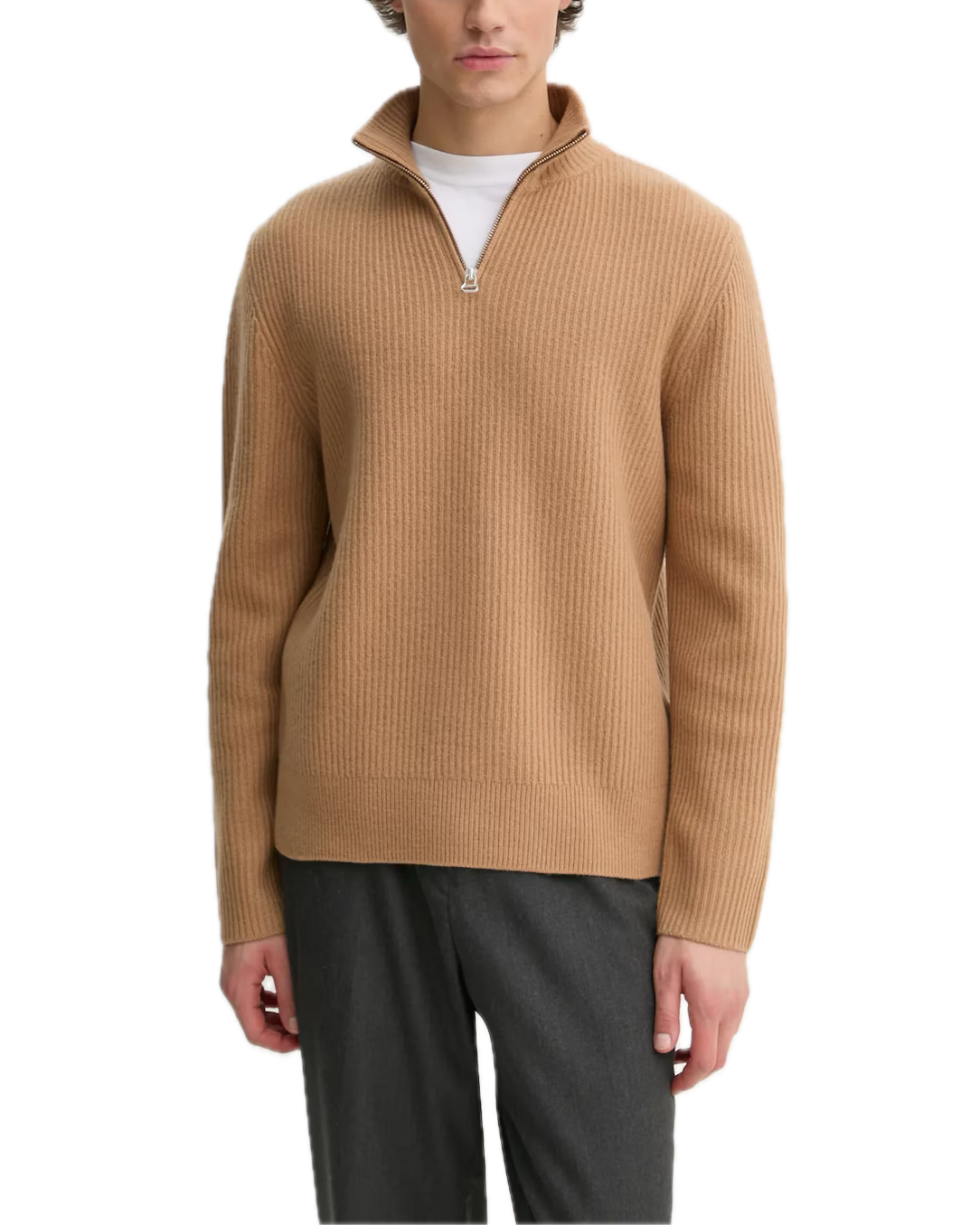 Man wearing a beige half-zip sweater on a white background