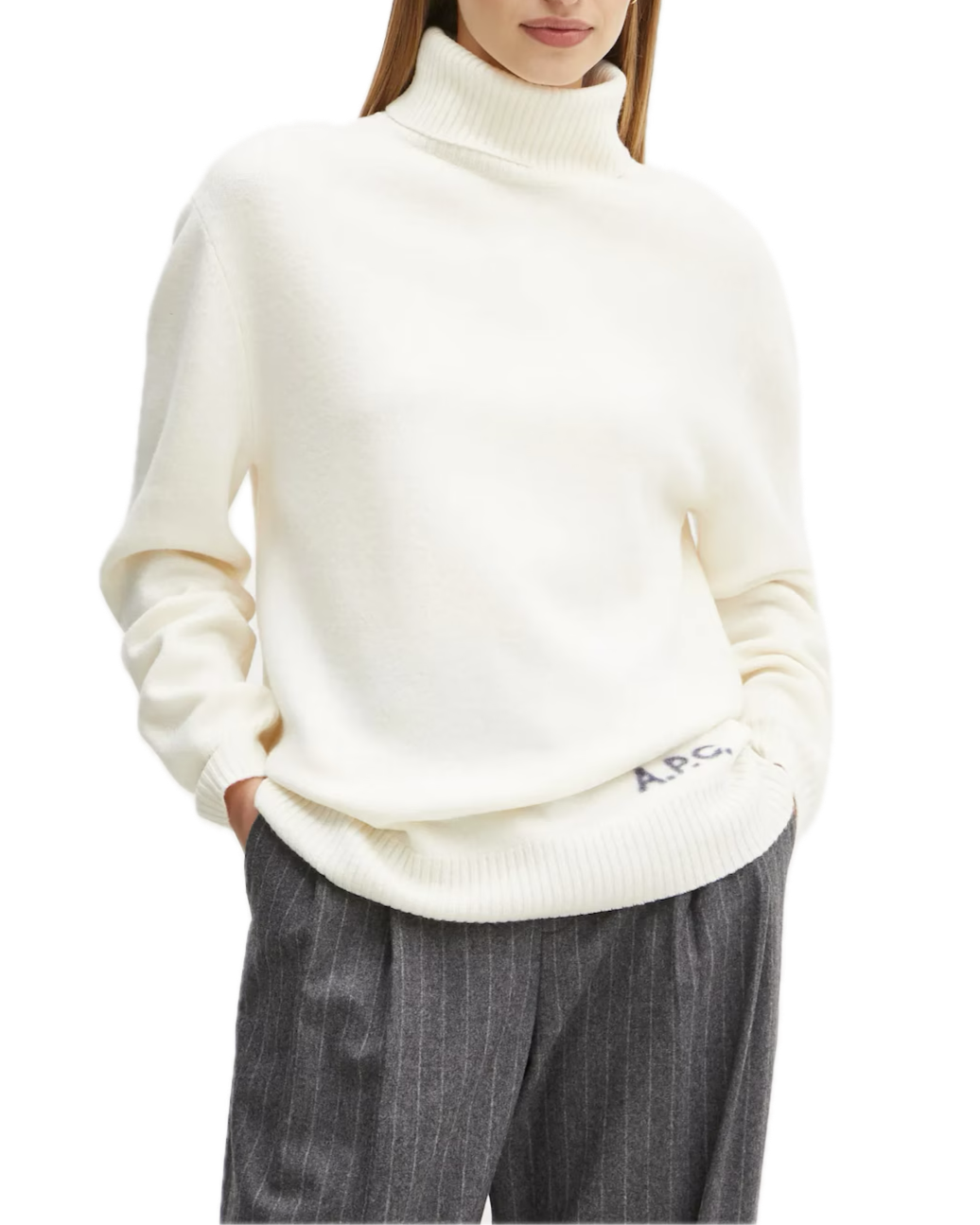 Woman wearing a white turtleneck sweater with a brand logo on a white background
