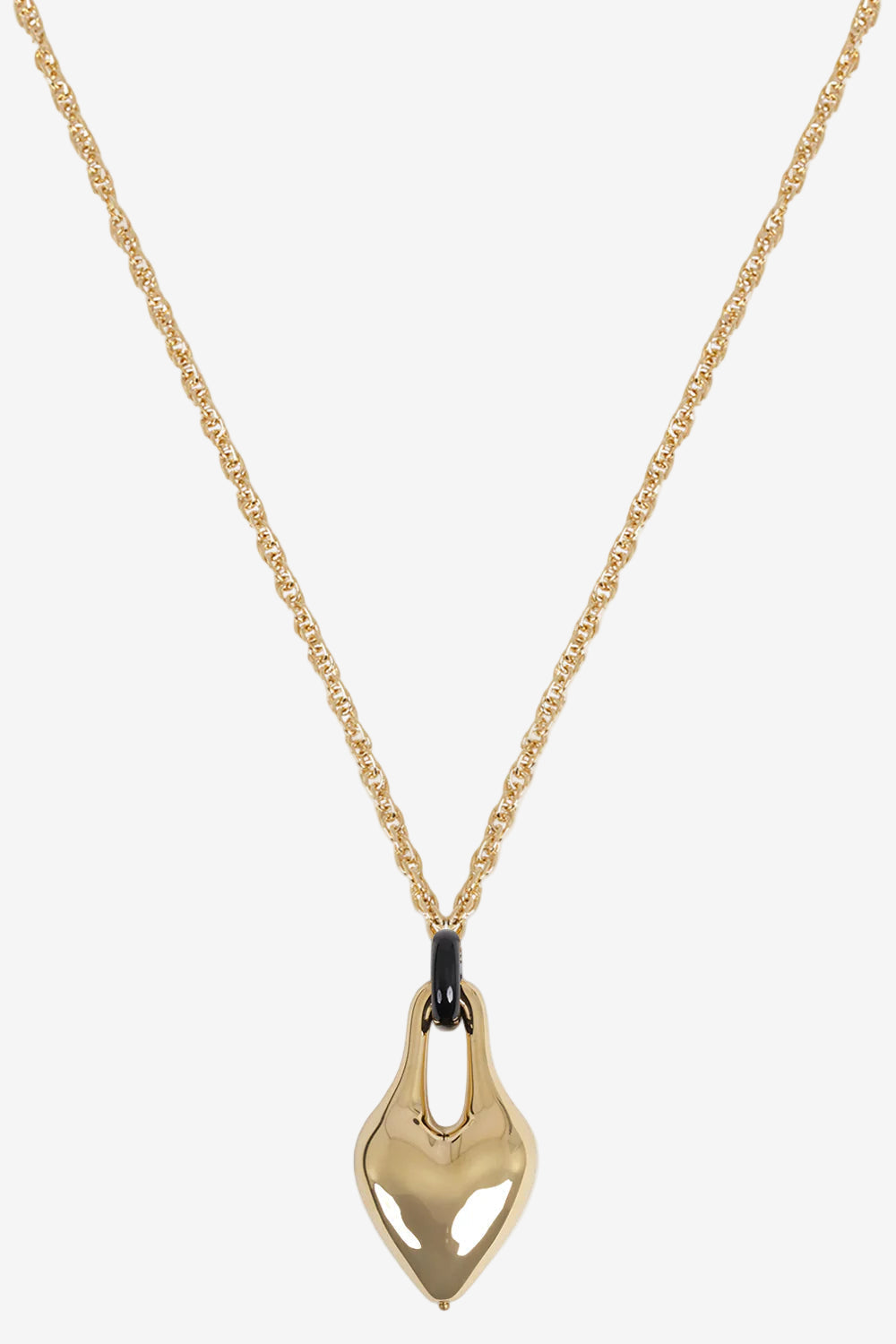 Gold necklace with a unique pendant on a white background
