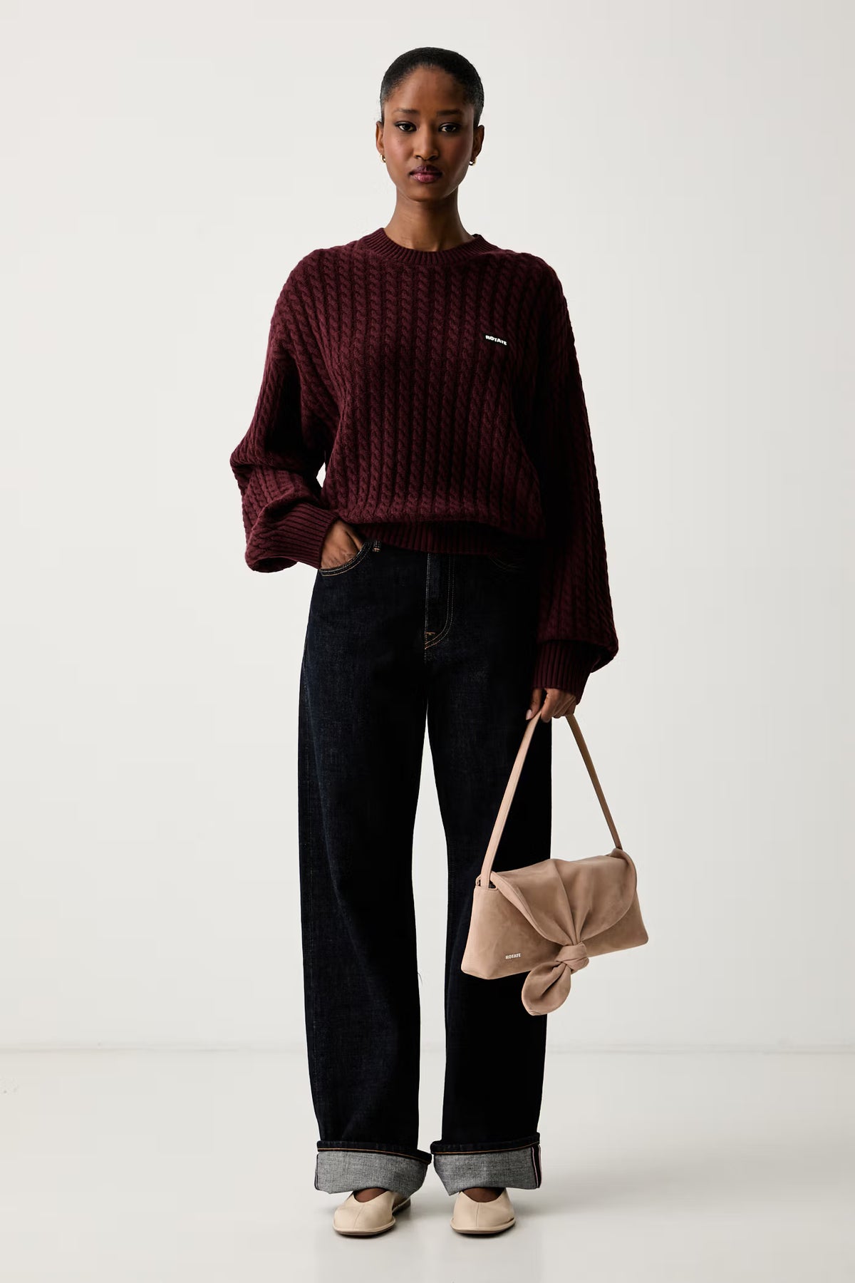 Rotate Cable Crewneck Sweater Burgundy