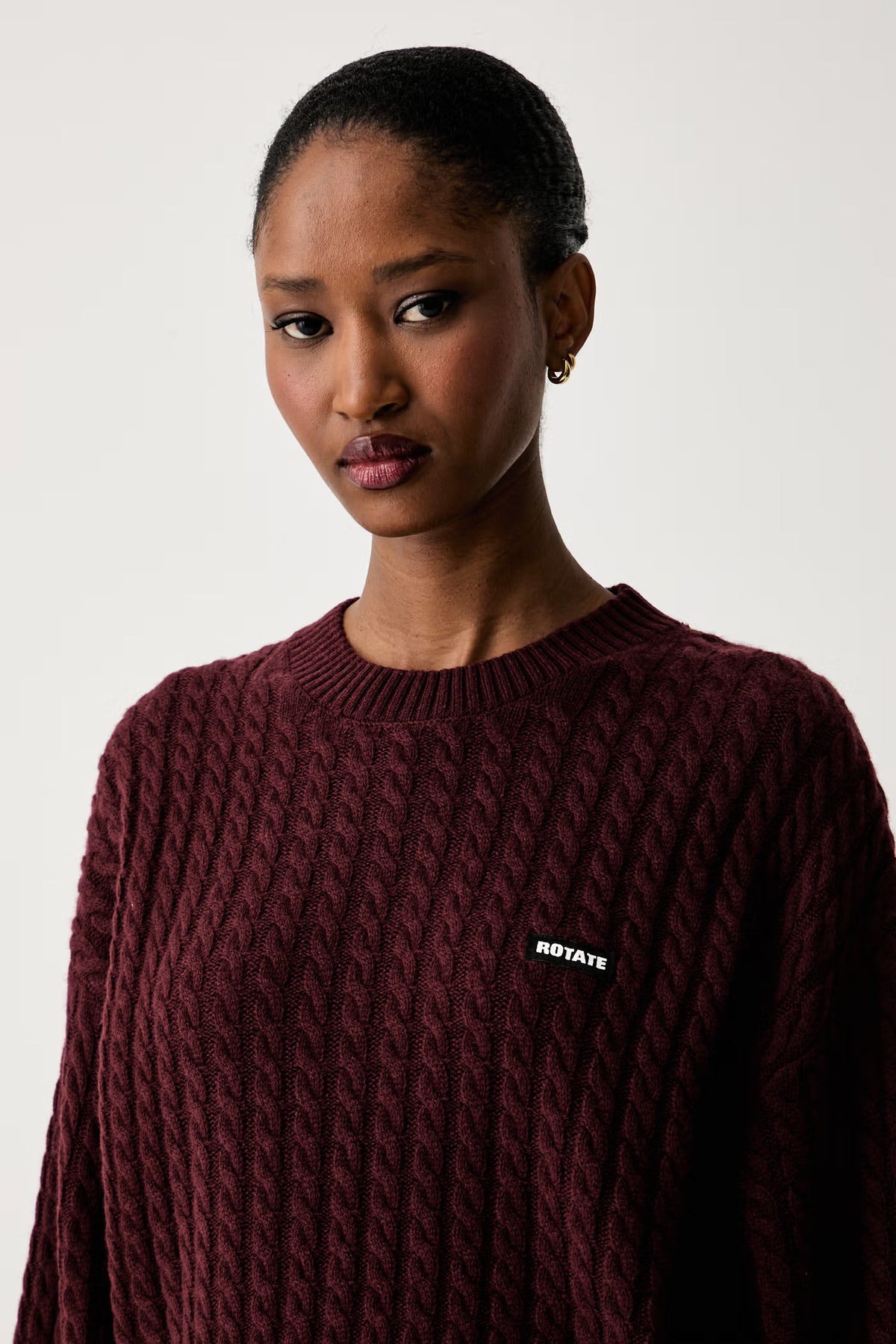 Rotate Cable Crewneck Sweater Burgundy