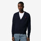 Navy blue cardigan with a red logo on a white background