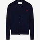 Navy blue cardigan with a red logo on a white background