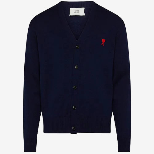 Navy blue cardigan with a red logo on a white background