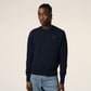 Navy blue sweater with a red heart and letter 'A' logo on a white background