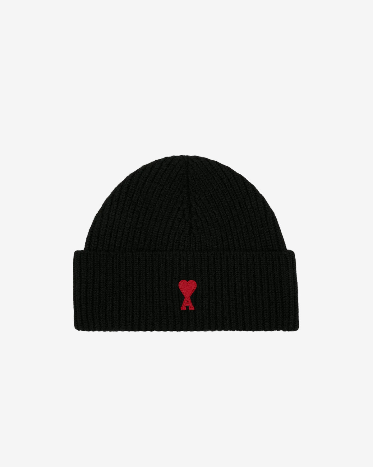 A black ribbed knit beanie hat featuring a small red embroidered heart logo with a letter A on the front cuff, set against a plain off-white background.