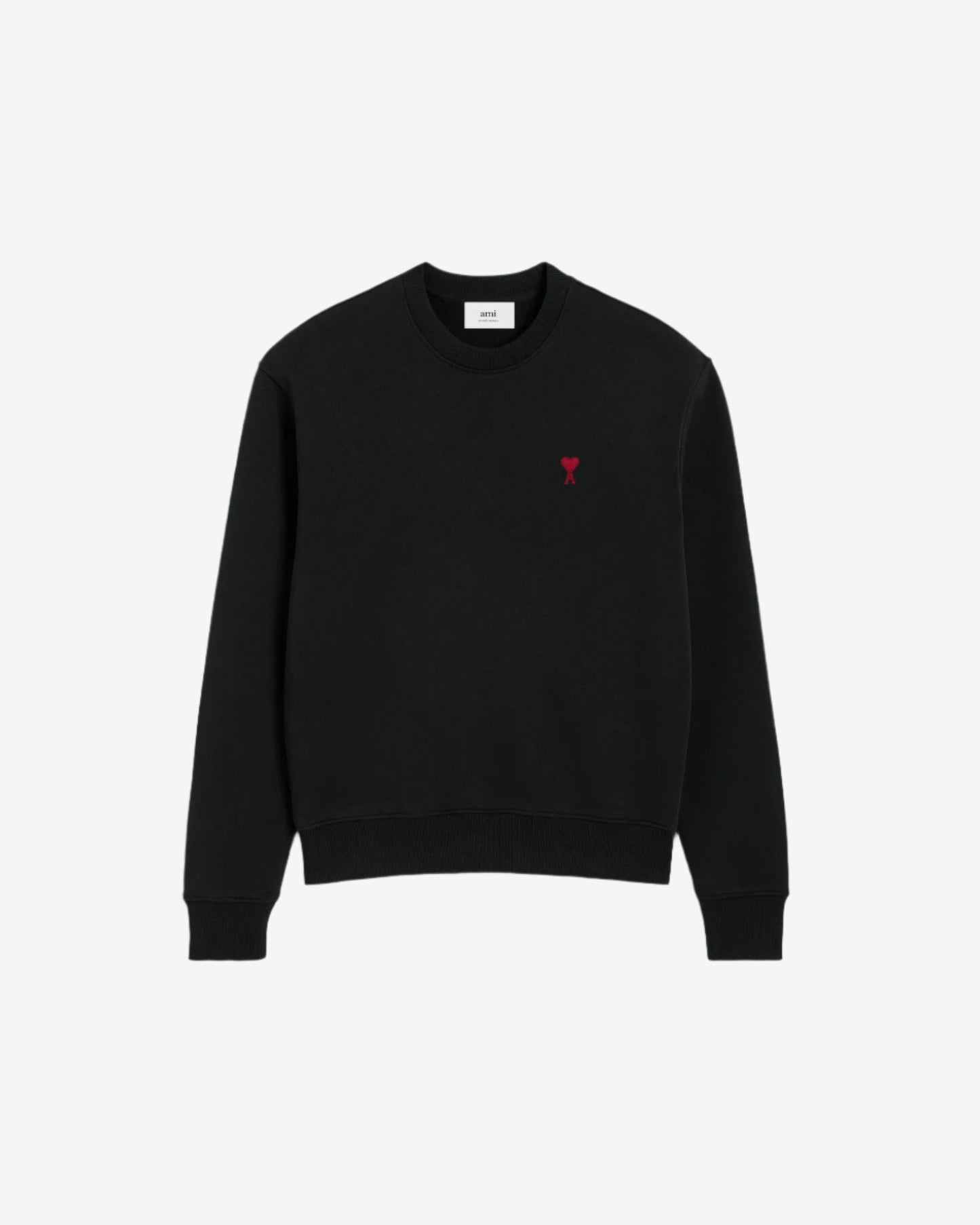 Black sweatshirt with a red logo on a beige background