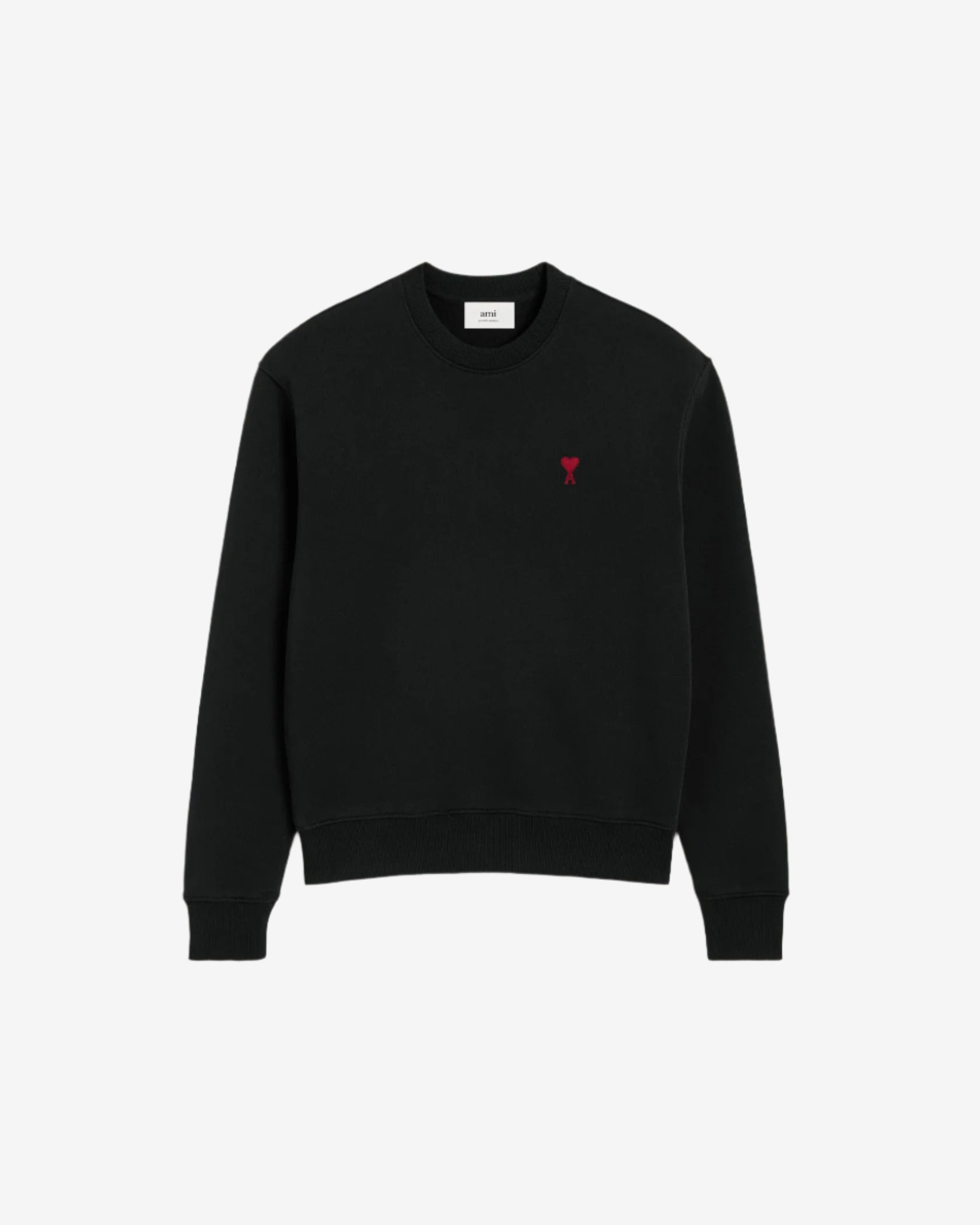 Black sweatshirt with a red logo on a beige background