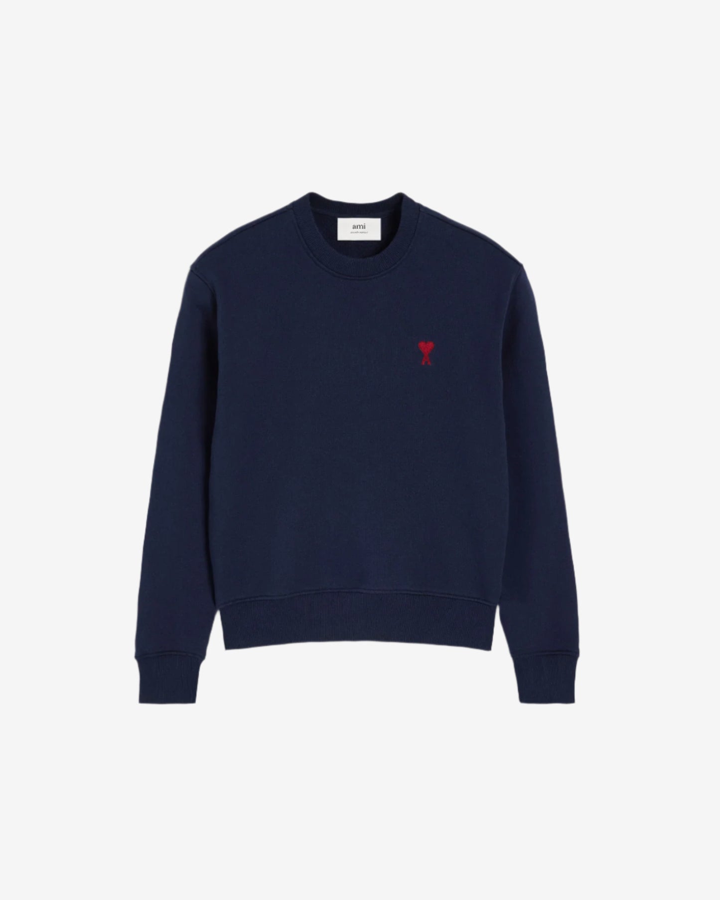 Navy blue sweatshirt with a red logo on a beige background ami paris