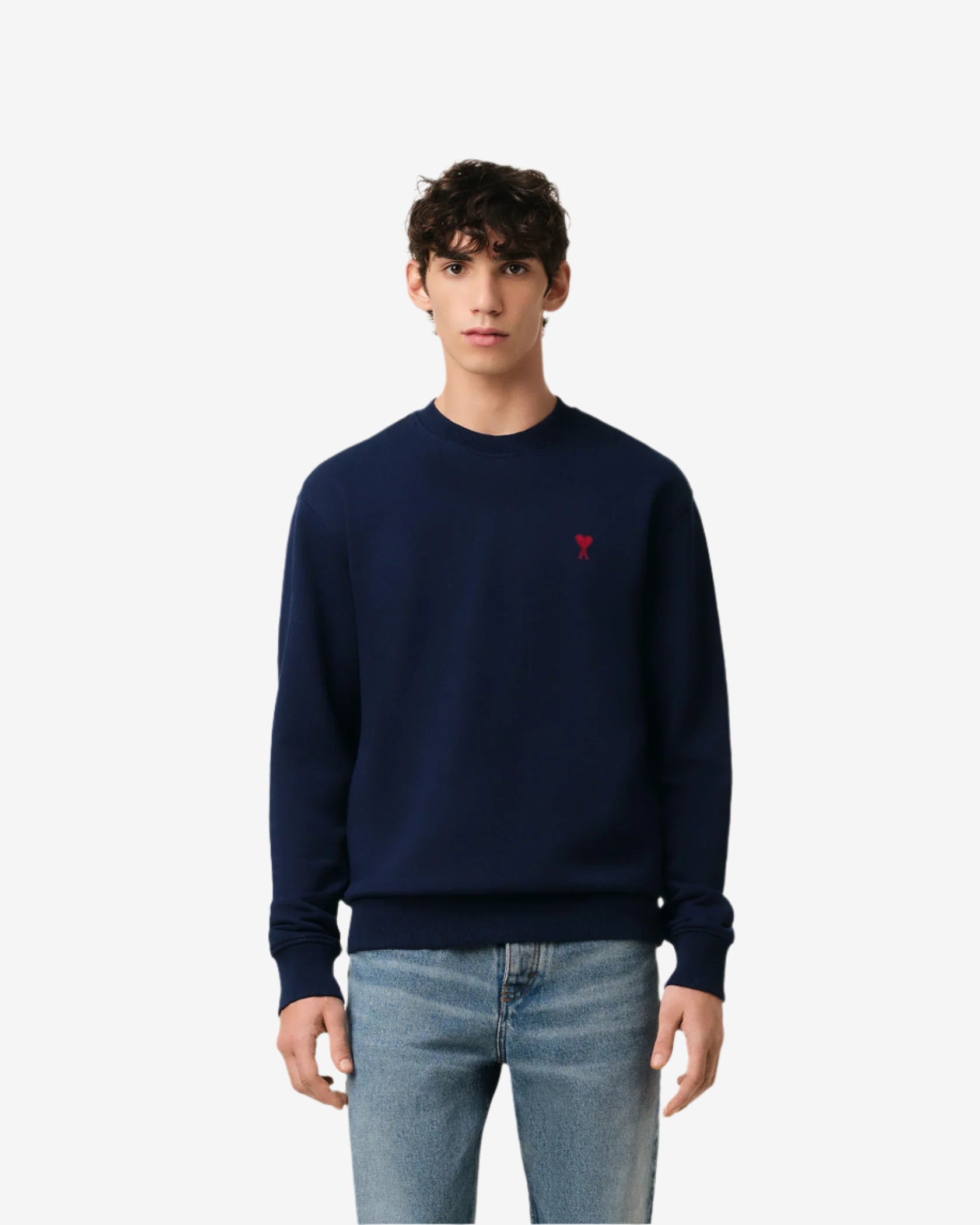 Navy blue sweatshirt with a red logo on a beige background ami paris