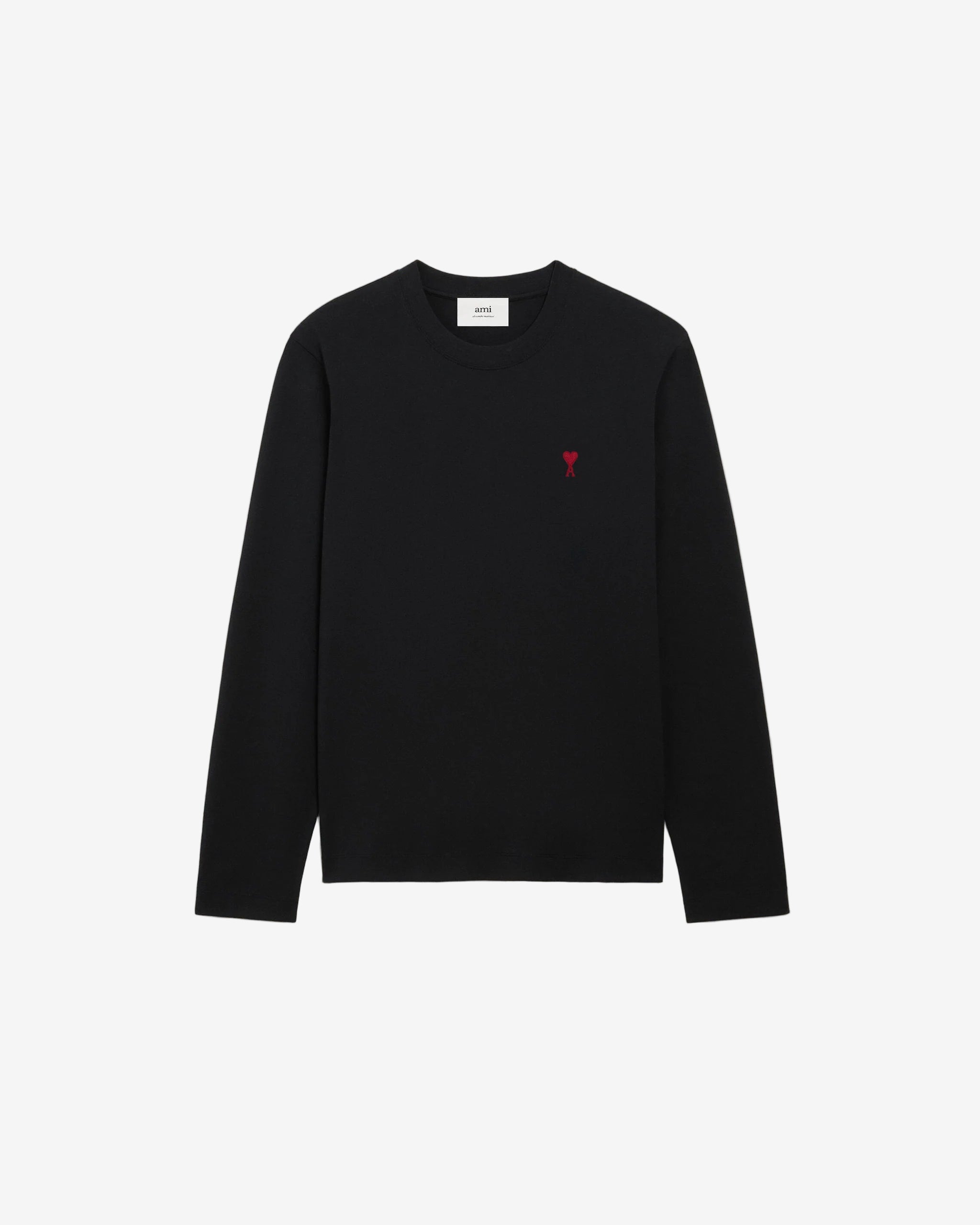 Black long-sleeve shirt with a red logo on a beige background