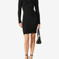 Woman wearing a black off-shoulder dress on a white background