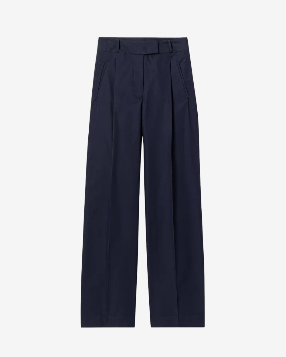 Navy blue pleated pants on a white background