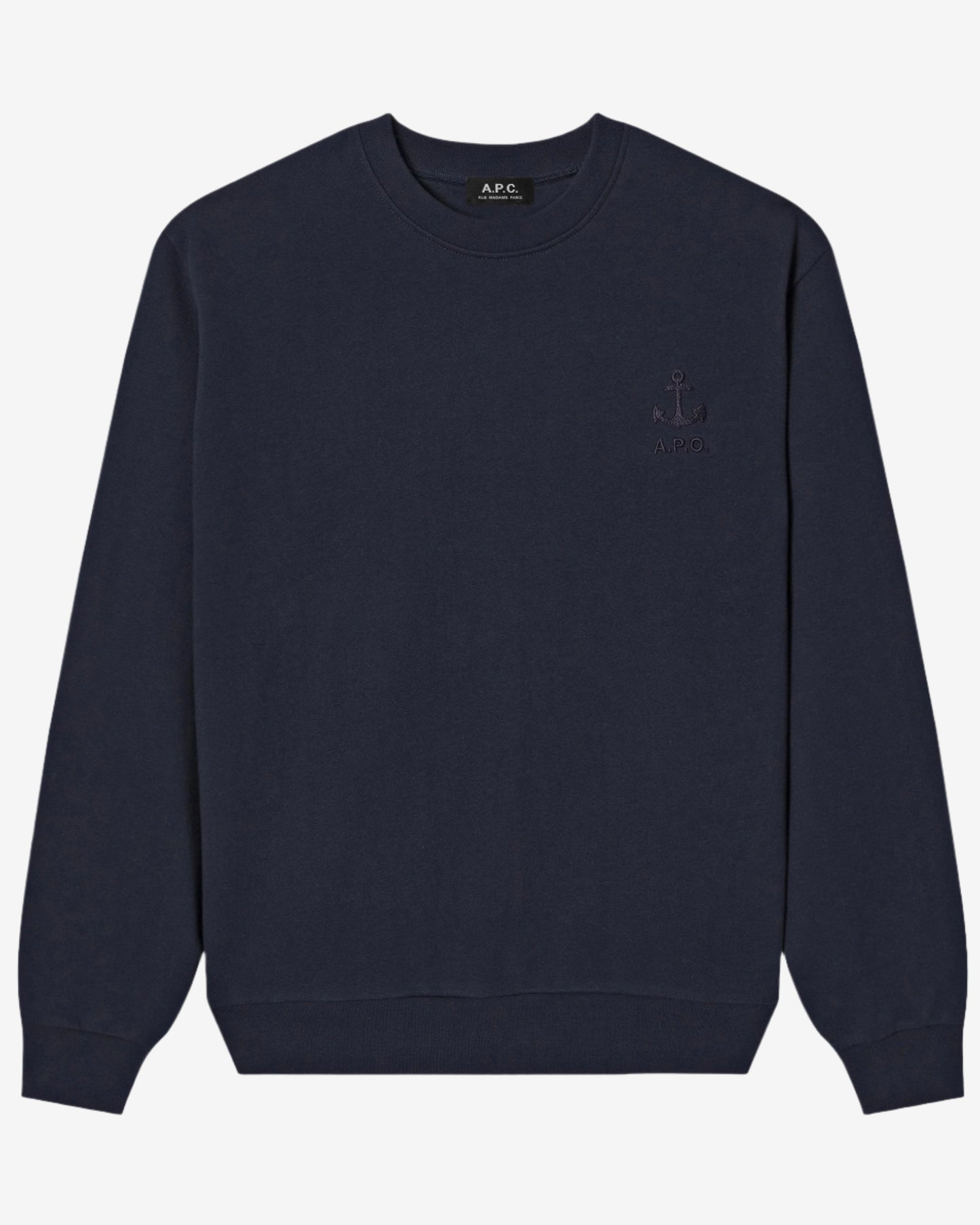 Navy blue sweatshirt with a small logo on a light gray background