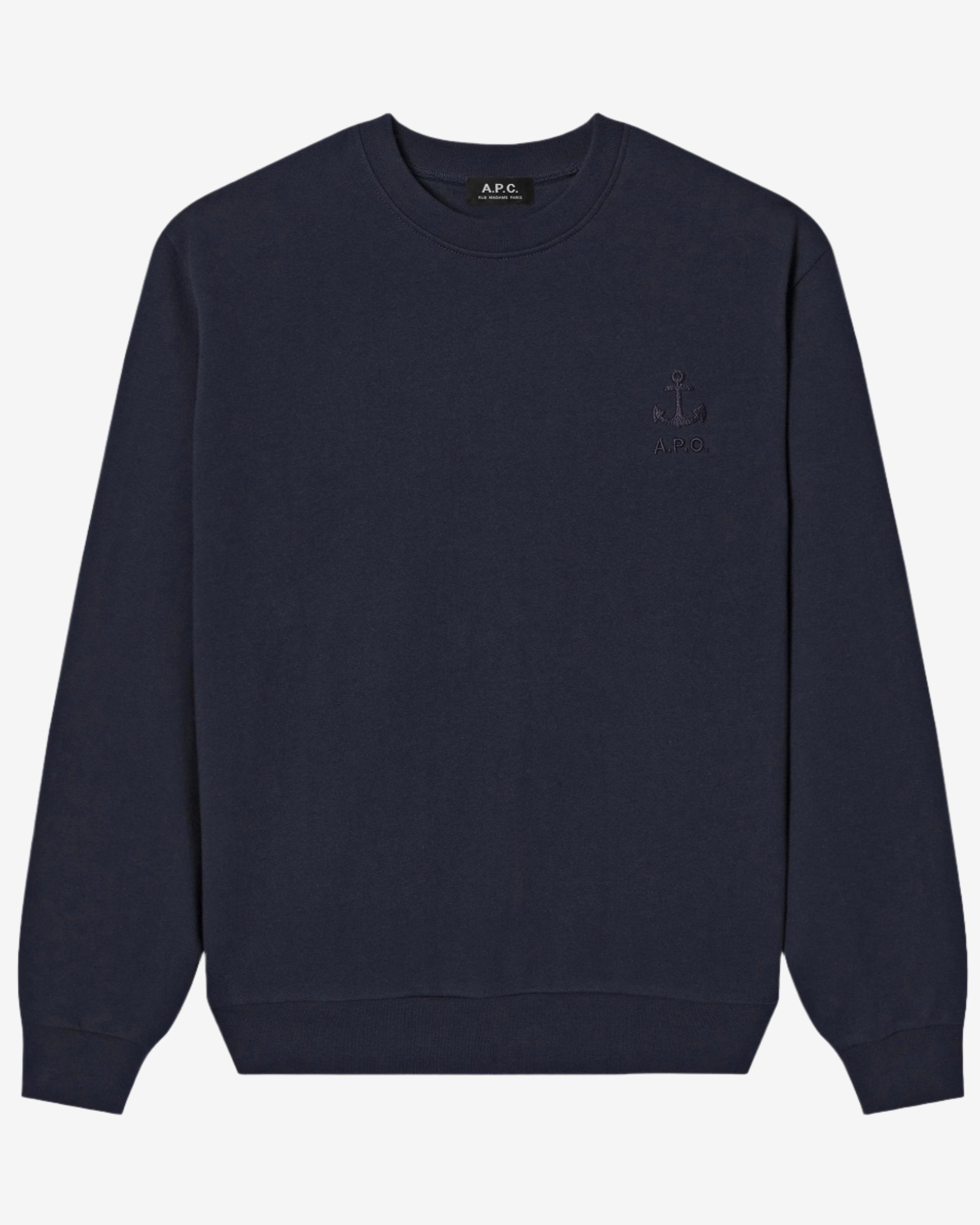 Navy blue sweatshirt with a small logo on a light gray background