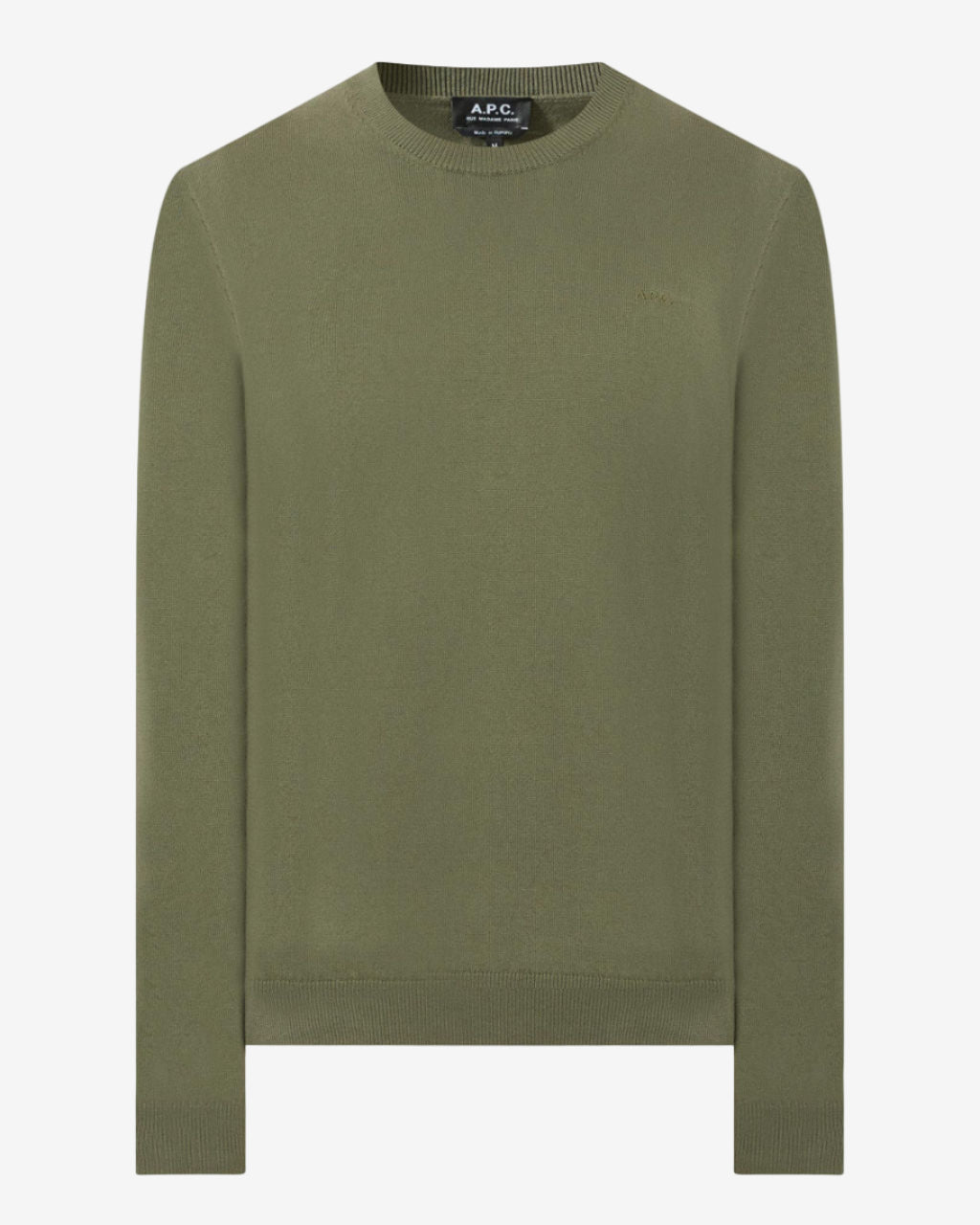 Green sweatshirt with brand label on a white background