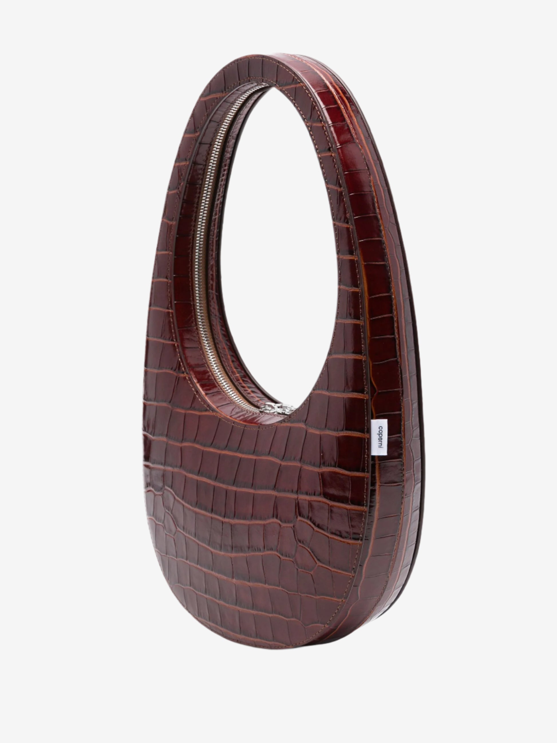 Brown crocodile-patterned handbag on a white background