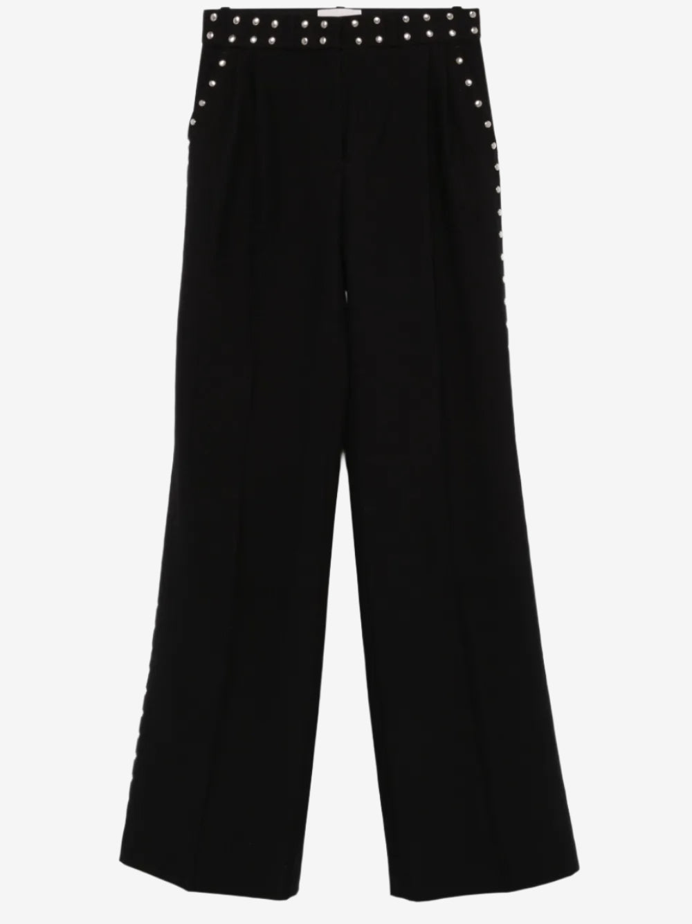 Black pants with studded details on a white background