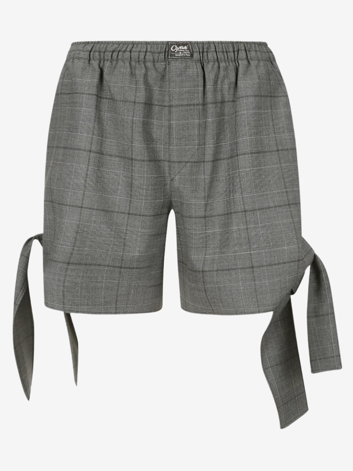 Gray checkered shorts with tie sides on a white background