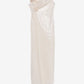 White evening gown with floral details on a white background