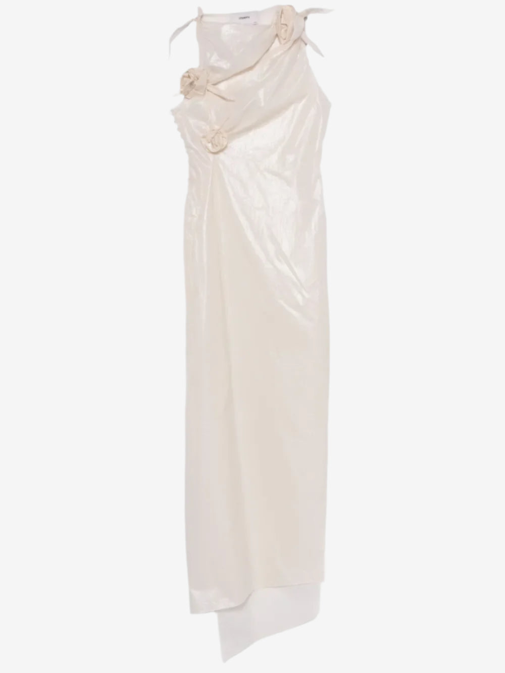 White evening gown with floral details on a white background