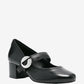Black shoe with a silver buckle on a white background