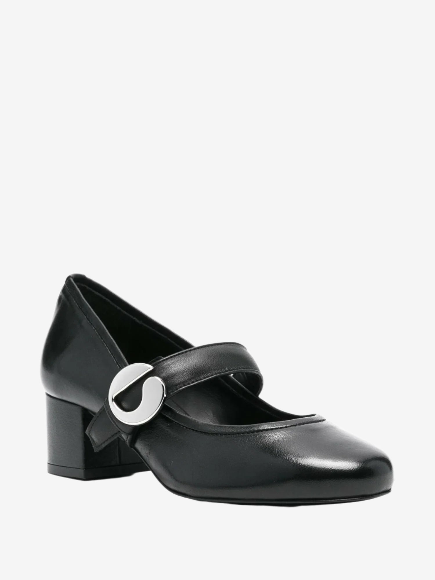 Black shoe with a silver buckle on a white background