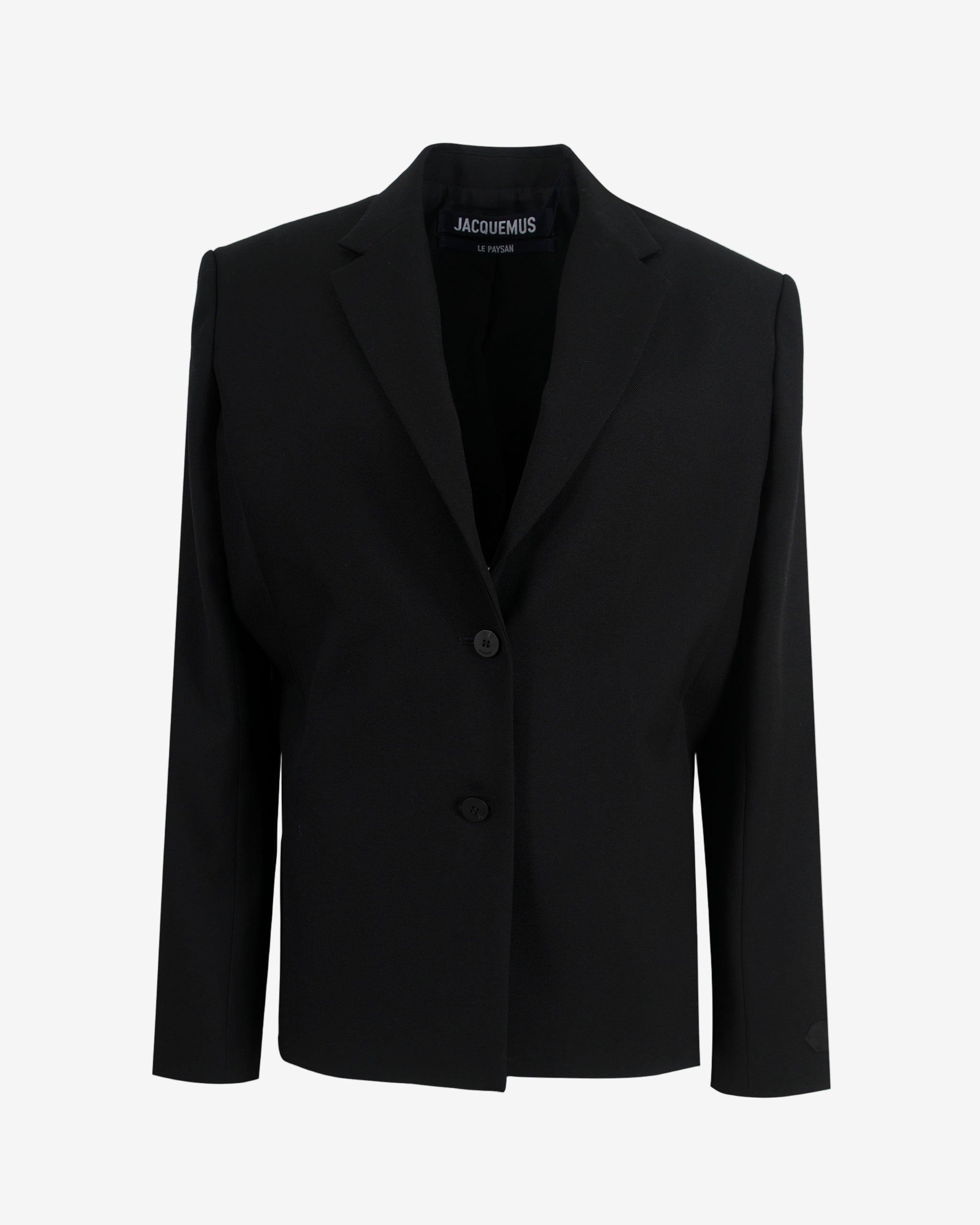 Black blazer with 'Jacquemus' branding on a light gray background