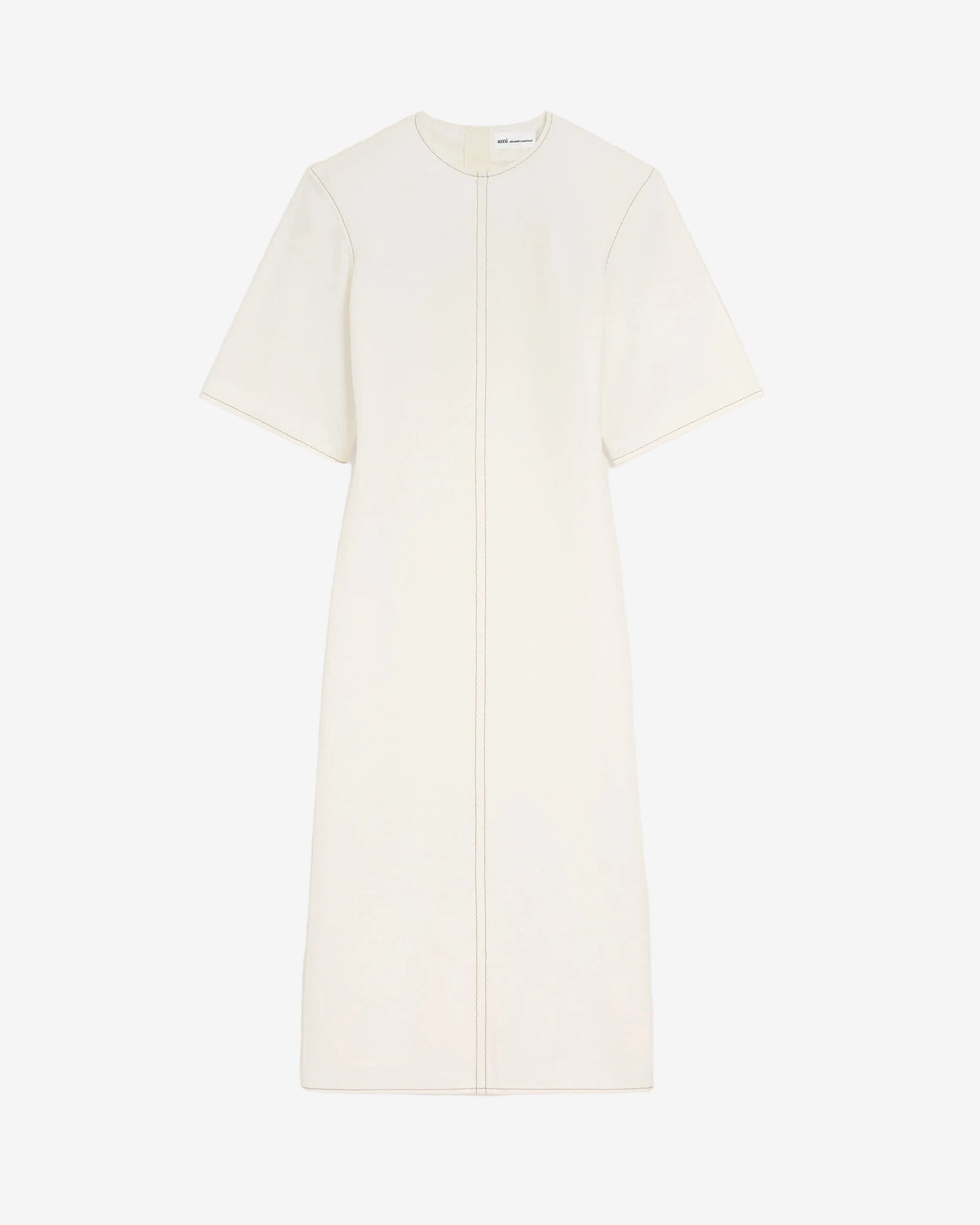 Long dress in light cotton gabardine with short sleeves and bold contrasted topstitches