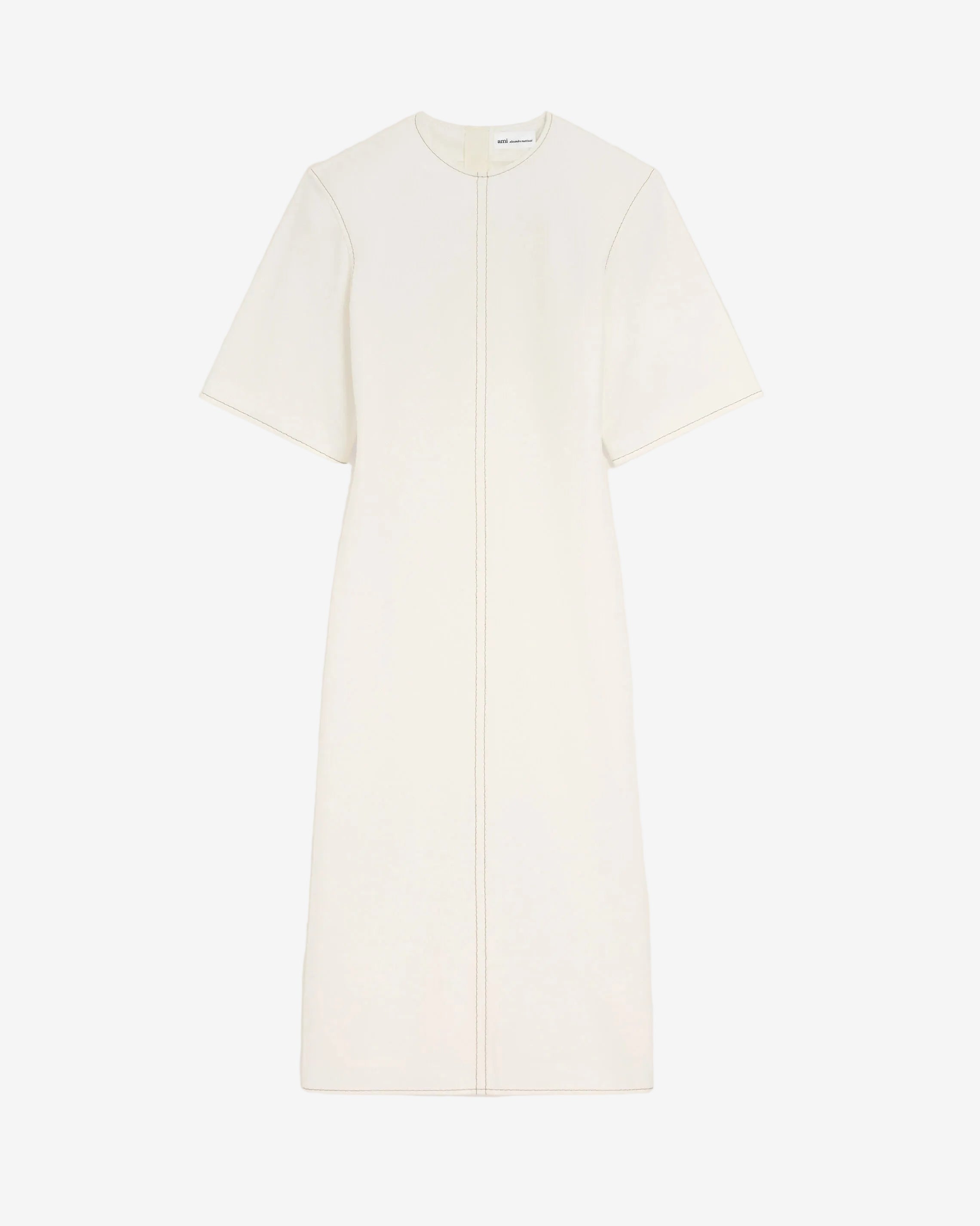 Long dress in light cotton gabardine with short sleeves and bold contrasted topstitches