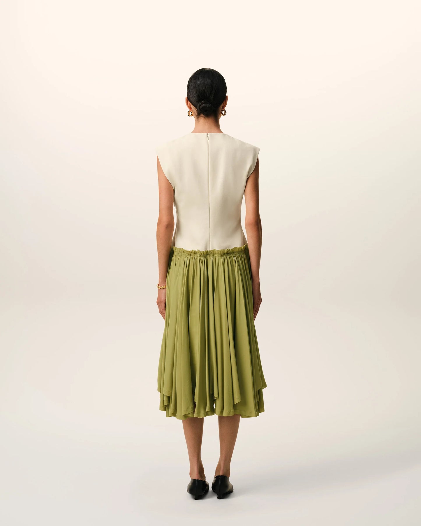 White And Green Bicolor New Wool Midi Dress